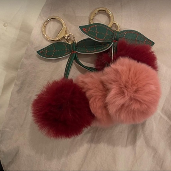 Fluffy cherries bag charm keychain set pink and red fluffy cherries - Picture 2 of 2